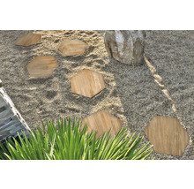 Záhradný chodník so šesťuholníkovými nášľapnými doskami z dreva