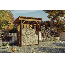 Drevený sklad dreva plný palivového dreva v záhrade.