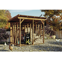 Sklad dreva so záhradným náradím, tlakovou umývačkou a hromadou dreva v záhrade.