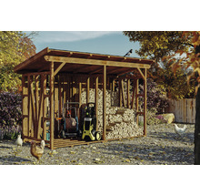 Sklad dreva s náradím, drevom a sliepkami v záhrade