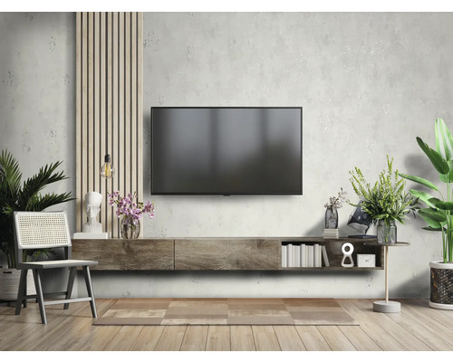 Obývacia izba s televízorom, nízkou skrinkou, stoličkou a izbovými rastlinami pre útulnú atmosféru