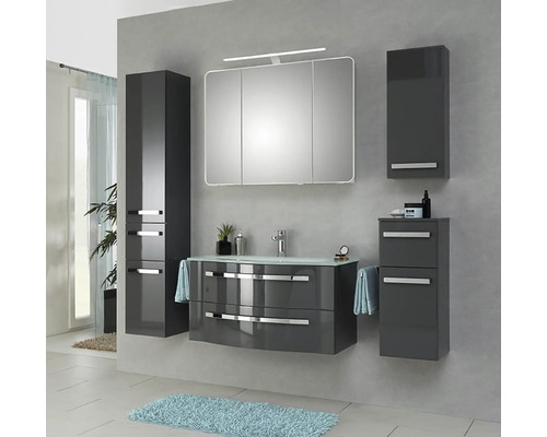 Moderná kúpeľňová súprava s umývadlom, zrkadlovou skrinkou a vysokými skrinkami