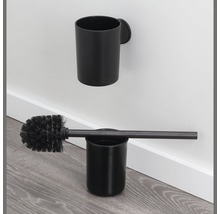 Čierna toaletná kefa s držiakom a čierny nástenný pohár