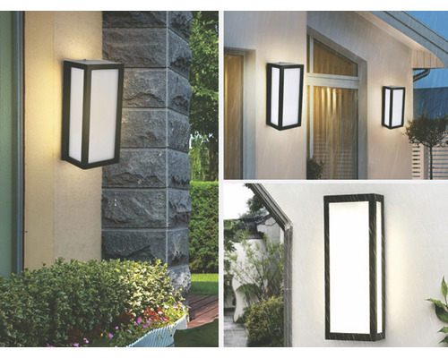 Niekoľko obdĺžnikových nástenných svietidiel s tmavým rámom a svetlým povrchom na vonkajšej strane budov.