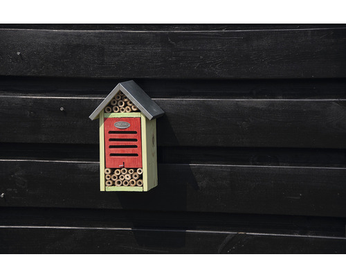 Hmyzí hotel s bambusovými rúrkami a strechou na drevenej stene