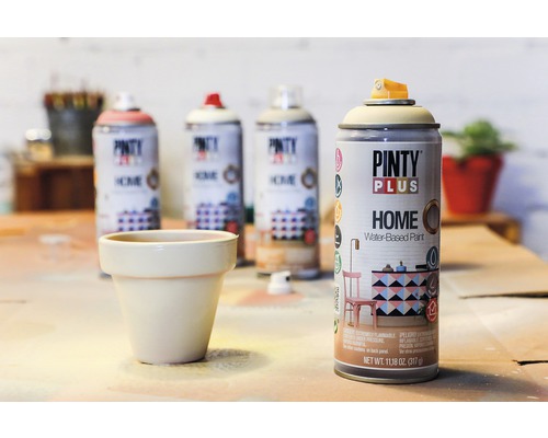 Sprejová farba Pinty Plus Home vedľa kvetináča