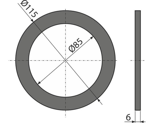 Technický výkres podložky s rozmermi 115 mm vonkajší priemer, 85 mm vnútorný priemer a 6 mm hrúbka.