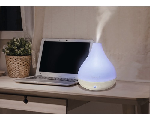 Zvlhčovač vzduchu na stole s notebookom a črepníkovou rastlinou