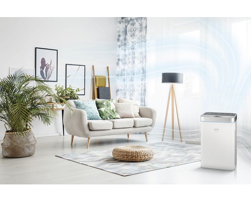 Obývacia izba s pohovkou, izbovou rastlinou, stojacou lampou a čističkou vzduchu