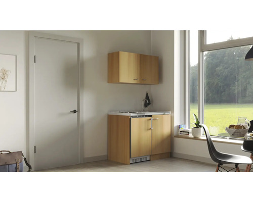 Kuchynská linka s hornou skrinkou, umývadlom a chladničkou vedľa dverí a okna.