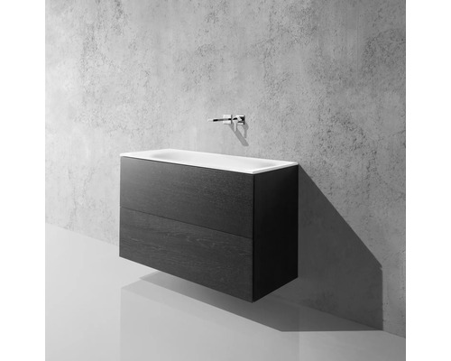 Skrinka pod umývadlo s dvoma zásuvkami a umývadlom na dosku pred sivou stenou