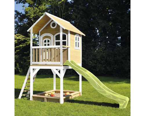 Drevený domček na hranie so šmýkačkou a pieskoviskom do záhrady