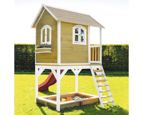 Detský drevený hrací domček s pieskoviskom, šmýkačkou a rebríkom