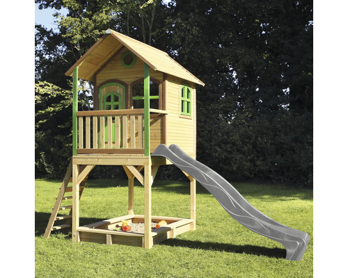 Drevený hrací domček so šmýkačkou, rebríkom a pieskoviskom do záhrady