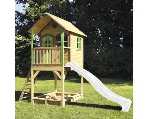 Drevený hrací domček so šmýkačkou a pieskoviskom do záhrady