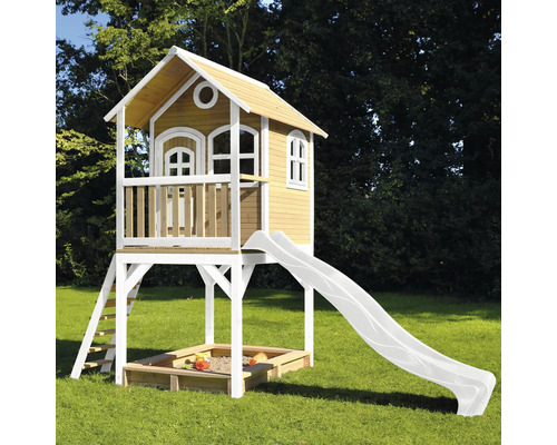 Drevený domček na hranie so šmýkačkou a pieskoviskom do záhrady