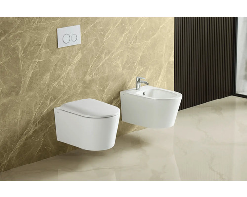 Kúpeľňová scéna s nástenným záchodom a bidetom.