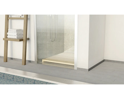 Kúpeľňa so sprchou, rebríkom na uteráky a dlažbou.