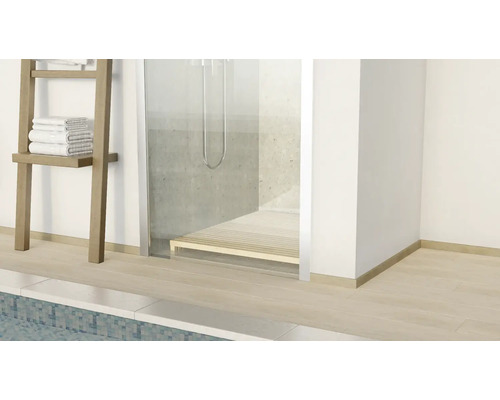 Pohľad na kúpeľňu so sprchou, rebríkom na uteráky a dlažbou