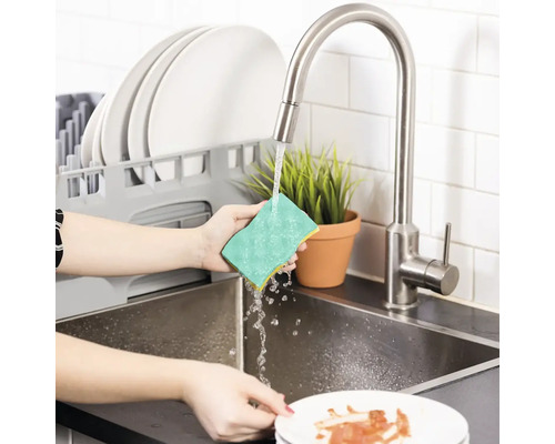 Drez s odkvapkávačom, vodovodná batéria, rastlina a osoba so špongiou