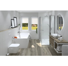 Svetlá kúpeľňa s vaňou, sprchou, umývadlom a toaletou v modernom vzhľade.