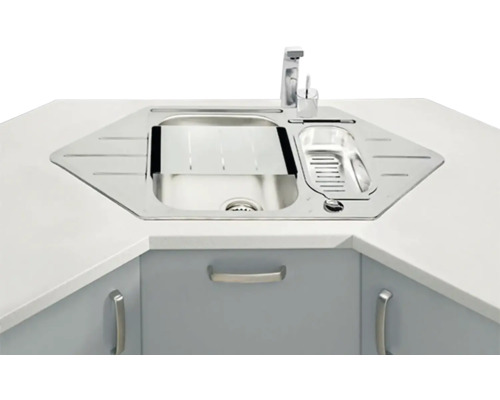 Rohový drez z nehrdzavejúcej ocele s odkvapkávacou plochou v kuchynskej linke