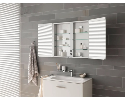 Moderná kúpeľňa s umývadlovou skrinkou a zrkadlovou skrinkou s otvorenými dverami a sklenenými policami