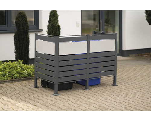 Prístrešok na popolnice WESTMANN Planum 2 plechový 170 x 90 x 120 cm antracit Kontajnerový box s dvoma smetnými košmi vonku.