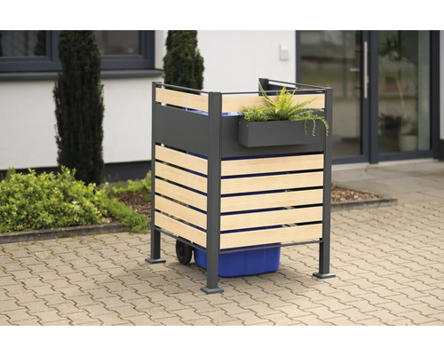 Kôš na odpadkový kôš s kvetináčom a dreveným obkladom na zakrytie odpadkových košov vo vonkajšom prostredí