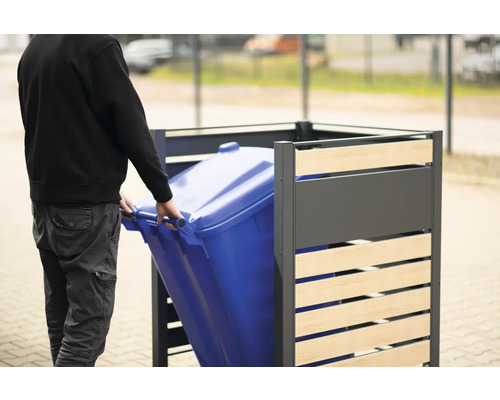 Box na odpadkové nádoby s osobou vkladajúcou dovnútra modrú smetnú nádobu