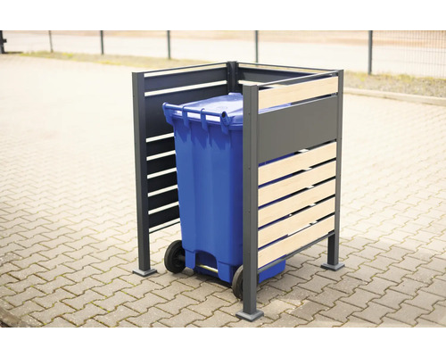 Box na smetné nádoby s modrou smetnou nádobou na kolieskach