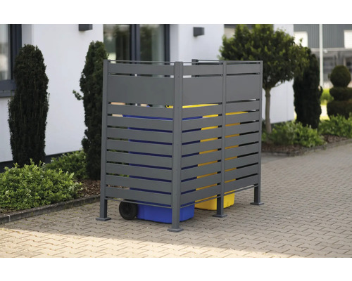 Prístrešok na popolnice WESTMANN Planum 2 plechový 170 x 90 x 150 cm antracit Kontejnerový box s tromi priehradkami a odpadkovými košmi
