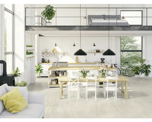 Svetlá obývacia izba s kuchyňou, jedálňou a spálňou na galérii.