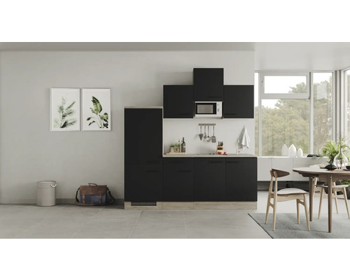 Kuchynský blok so spotrebičmi Flex Well Capri 210 cm farba čela matne čierna farba korpusu divoký dub