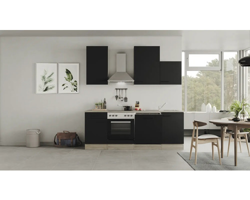 Kuchynský blok so spotrebičmi Flex Well Capri 220 cm farba čela matne čierna farba korpusu divoký dub