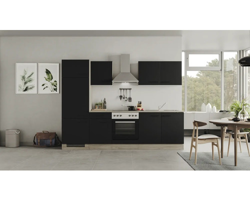 Kuchynský blok so spotrebičmi Flex Well Capri 270 cm farba čela matne čierna farba korpusu divoký dub