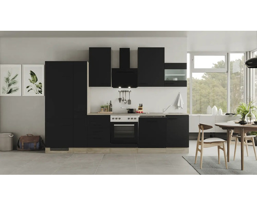 Kuchynský blok so spotrebičmi Flex Well Capri 310 cm farba čela matne čierna farba korpusu divoký dub