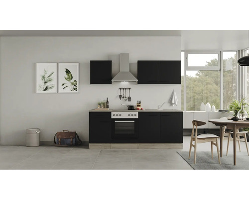 Kuchynský blok so spotrebičmi Flex Well Capri 210 cm farba čela matne čierna farba korpusu divoký dub