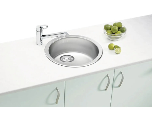 Okrúhly nerezový drez s vodovodnou batériou a spodnou skrinkou