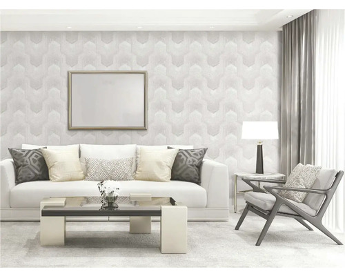 Moderná obývacia izba s pohovkou, kreslom, stolom a vzorovanou tapetou