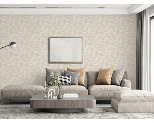 Obývacia izba s pohovkou, stolom a trojrozmernou tapetou