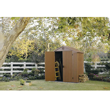 Záhradná scéna s kôlňou s otvorenými dverami na uskladnenie záhradného náradia