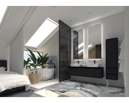 Svetlá kúpeľňa s vaňou, umývadlom so zrkadlom a dlažbou.