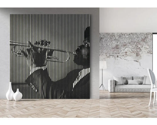 Dekoratívny stenový panel s vyobrazením trumpetistu v obývacej izbe