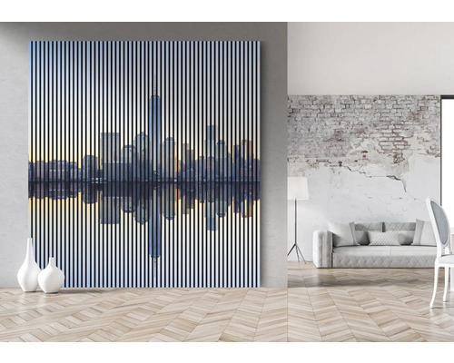 Dekoratívny nástenný panel s motívom panorámy mesta v modernom obývacom priestore