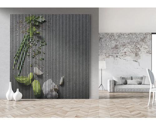 Dekoratívny nástenný panel s motívom zeleniny v moderne zariadenej izbe.