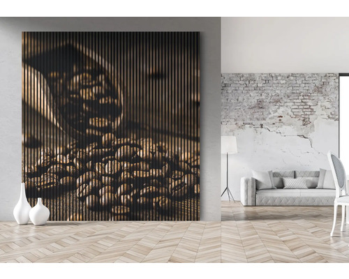 Dekoratívny nástenný panel s motívom kávových zŕn v modernom obývacom priestore.