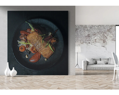 Dekoratívny nástenný panel s motívom jedla v modernom obývacom priestore.