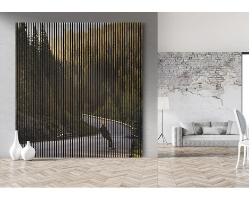 Interiérová fotografia s akustickým panelom s motívom lesa