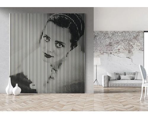 Dekoratívny nástenný obraz s vertikálnymi pruhmi a portrétom ženy v svetlej miestnosti.